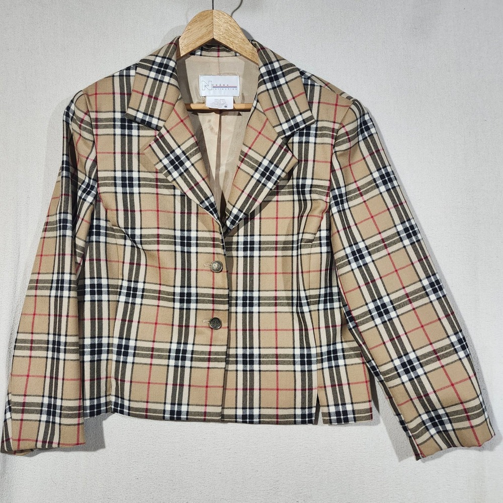 Nygard Collection Worsted Wool Plaid Blazer Tan Black Red Size 12 Made in Canada